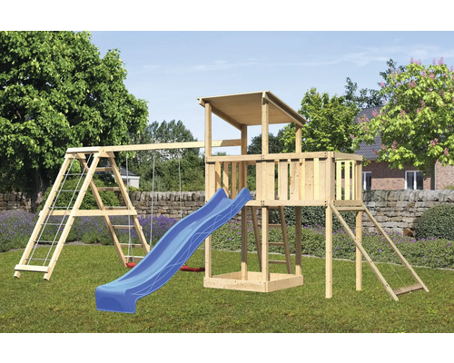 Tour de jeux cabane de jeux Karibu 107 x 107 cm en bois composée d'une extension, d'une tour de base, d'une rampe en filet, d'un toboggan, d'une plateforme, d'un portique bleu Tour de jeux cabane de jeux Karibu 107 x 107 cm en bois composée d'une extension, d'une tour de base, d'une rampe en filet, d'un toboggan, d'une plateforme, d'un portique bleu