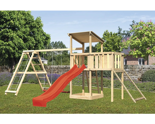 Tour de jeux cabane de jeux Karibu Anna 107 x 107 cm en bois composée d'une extension, d'une tour de base, d'une rampe en filet, d'un toboggan, d'une plateforme, d'un portique rouge Tour de jeux cabane de jeux Karibu Anna 107 x 107 cm en bois composée d'une extension, d'une tour de base, d'une rampe en filet, d'un toboggan, d'une plateforme, d'un portique rouge