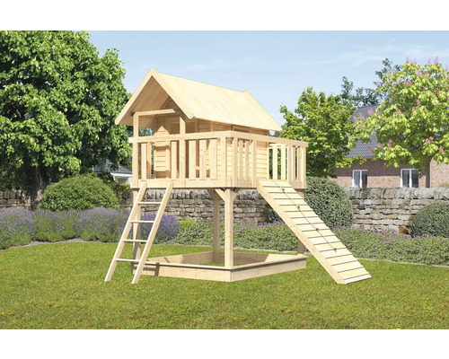 Tour de jeux cabane de jeux Karibu Fidel 198 x 243 cm en bois avec rampe en bois et tour de base Tour de jeux cabane de jeux Karibu Fidel 198 x 243 cm en bois avec rampe en bois et tour de base