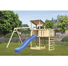 Aire de jeux avec balançoire, toboggan, échelle et mur d''escalade dans le jardin