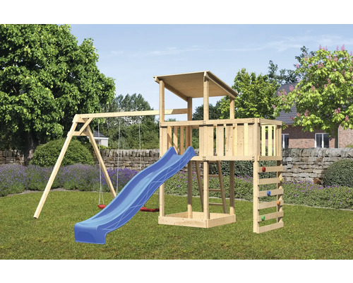 Tour de jeux cabane de jeux Karibu Anna 107 x 107 cm en bois composée d'un toboggan, de 2 balançoires, d'une extension, d'un mur d'escalade bleu Tour de jeux cabane de jeux Karibu Anna 107 x 107 cm en bois composée d'un toboggan, de 2 balançoires, d'une extension, d'un mur d'escalade bleu
