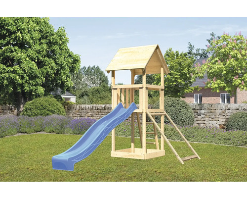 Tour de jeux cabane de jeux Karibu Lotti 107 x 107 cm en bois composée d'une rampe en filet, d'un toboggan Tour de jeux cabane de jeux Karibu Lotti 107 x 107 cm en bois composée d'une rampe en filet, d'un toboggan