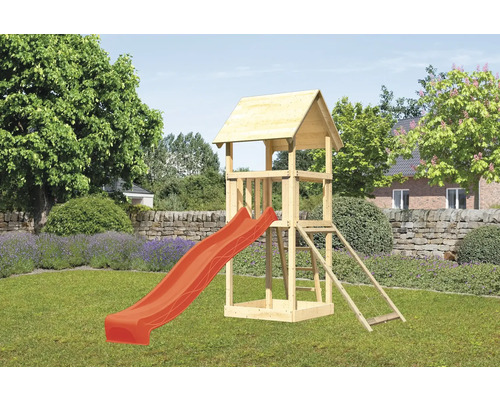 Spielturm Spielhaus Karibu Lotti 107 x 107 cm Holz bestehend aus Netzrampe, Rutsche