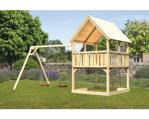 Tour de jeux cabane de jeux Karibu Luis 200 x 200 cm en bois composée de 2 balançoires Tour de jeux cabane de jeux Karibu Luis 200 x 200 cm en bois composée de 2 balançoires