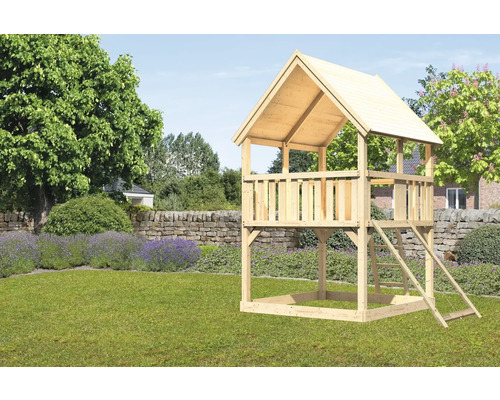 Tour de jeux cabane de jeux Karibu Luis 200 x 200 cm en bois composée d'une tour de base, d'une rampe en filet Tour de jeux cabane de jeux Karibu Luis 200 x 200 cm en bois composée d'une tour de base, d'une rampe en filet
