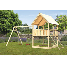 Aire de jeux avec balançoire en bois dans le jardin.