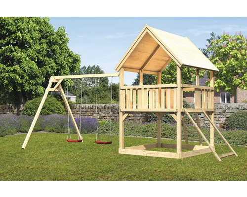 Tour de jeux cabane de jeux Karibu Luis 200 x 200 cm en bois avec 2 balançoires et rampe en filet Tour de jeux cabane de jeux Karibu Luis 200 x 200 cm en bois avec 2 balançoires et rampe en filet