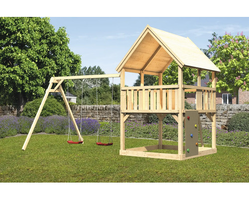 Spielturm Karibu Luis 200 x 200 cm Holz bestehend aus 2 Brettschaukeln, Kletterwand Spielturm Karibu Luis 200 x 200 cm Holz bestehend aus 2 Brettschaukeln, Kletterwand