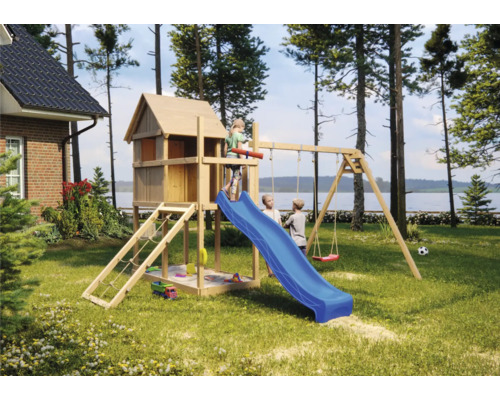 Spielturm Karibu Frieda 107 x 107 cm Holz bestehend aus Rutsche, 2 Brettschaukeln, Netzrampe, blau Spielturm Karibu Frieda 107 x 107 cm Holz bestehend aus Rutsche, 2 Brettschaukeln, Netzrampe, blau