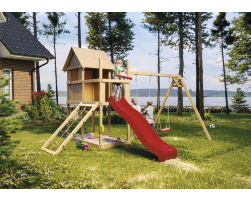 Spielturm Karibu Frieda 107 x 107 cm Holz bestehend aus Rutsche, 2 Brettschaukeln, Netzrampe, rot Spielturm Karibu Frieda 107 x 107 cm Holz bestehend aus Rutsche, 2 Brettschaukeln, Netzrampe, rot