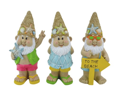 Drei Gartenzwerge mit Strandmotiven