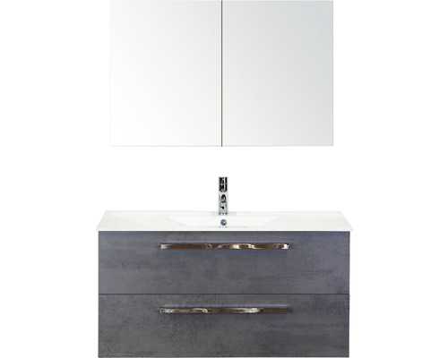 Badmöbel-Set Seville 100 cm mit Keramikwaschtisch Model 1 und Spiegelschrank Beton anthrazit