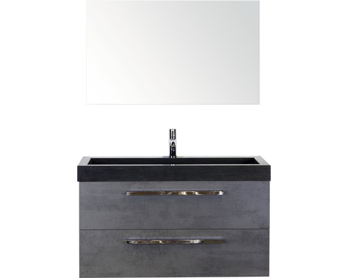 Ensemble de meubles de salle de bains Seville 100 cm avec lavabo en pierre naturelle et miroir béton anthracite Meuble-lavabo avec meuble bas et miroir pour la salle de bain