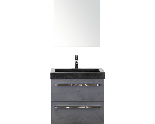 Ensemble de meubles de salle de bains Seville 60 cm avec lavabo en pierre naturelle et armoire de toilette béton anthracite