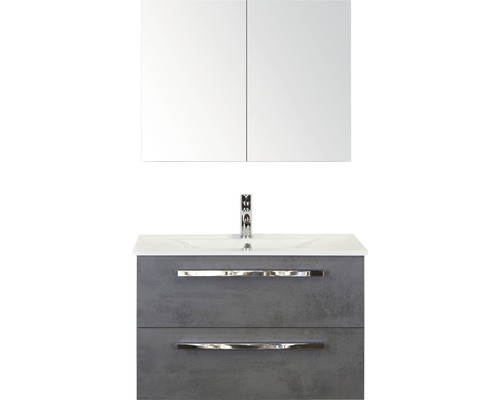Badmöbel-Set Seville 80 cm mit Keramikwaschtisch Model 1 und Spiegelschrank Beton anthrazit