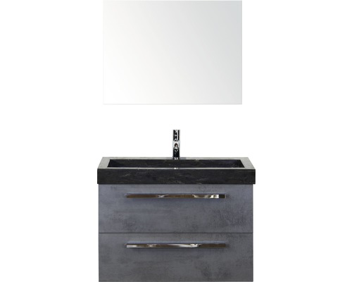 Ensemble de meubles de salle de bains Seville 80 cm avec lavabo en pierre naturelle et miroir béton anthracite Meuble-lavabo avec deux tiroirs, plan de toilette et miroir