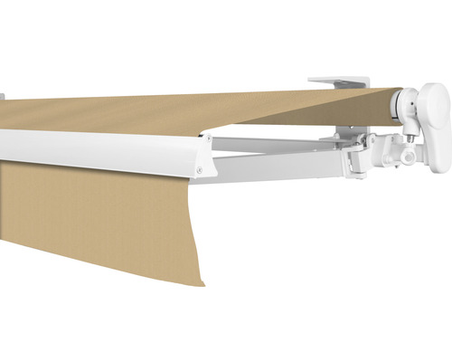 SOLUNA Gelenkarmmarkise Proof 4,5x2,5 Stoff Dessin 0681 Gestell RAL 9010 reinweiss Antrieb rechts inkl. Kurbel