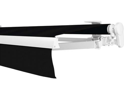 Store banne à bras articulé SOLUNA Proof 2,5x2 tissu dessin 6028 châssis RAL 9010 blanc pur entraînement à droite avec manivelle
