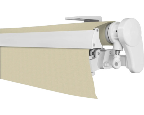 Detailansicht einer Gelenkarmmarkise mit beigem Stoff und weissem Gestell