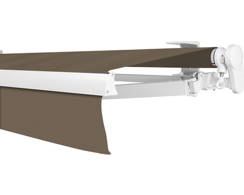 SOLUNA Gelenkarmmarkise Proof 4,5x2,5 Stoff Dessin 7559 Gestell RAL 9010 reinweiss Antrieb rechts inkl. Kurbel