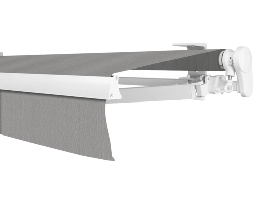 SOLUNA Gelenkarmmarkise Proof 5,5x2,5 Stoff Dessin 8396 Gestell RAL 9010 reinweiss Antrieb rechts inkl. Kurbel