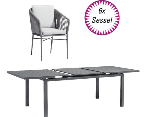 Ensemble de meubles de jardin 6x fauteuils Manhattan avec table Chicago 6 places 7 pièces anthracite/gris, galettes de chaise comprises