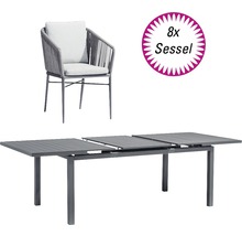 Table de jardin avec fonction d''extension et une chaise de jardin. Huit chaises de jardin sont incluses.