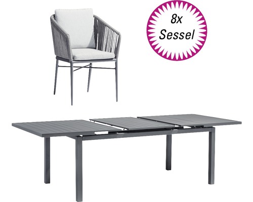 Ensemble de meubles de jardin 8x chaises Manhattan avec table Chicago 8 places 9 pièces anthracite/gris, galettes de chaise comprises