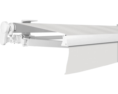 SOLUNA Gelenkarmmarkise Proof 4,5x3,5 Stoff Dessin 0001 Gestell RAL 9010 reinweiss Antrieb links inkl. Kurbel