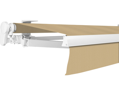 Store banne à bras articulé SOLUNA Proof 4x3,5 tissu dessin 0681 châssis RAL 9010 blanc pur entraînement à gauche avec manivelle Store banne à bras articulé SOLUNA Proof 4x3,5 tissu dessin 0681 châssis RAL 9010 blanc pur entraînement à gauche avec manivelle