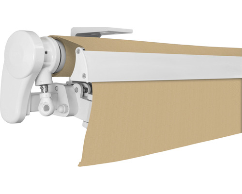 Vue détaillée d''un store banne avec manivelle et tissu