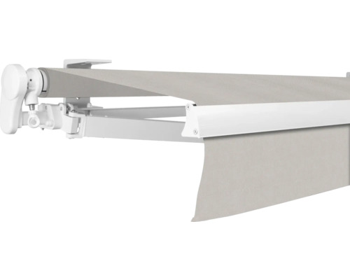 Store banne à bras articulé SOLUNA Proof 5x3,5 tissu dessin 6196 châssis RAL 9010 blanc pur entraînement à gauche avec manivelle Store banne à bras articulé SOLUNA Proof 5x3,5 tissu dessin 6196 châssis RAL 9010 blanc pur entraînement à gauche avec manivelle