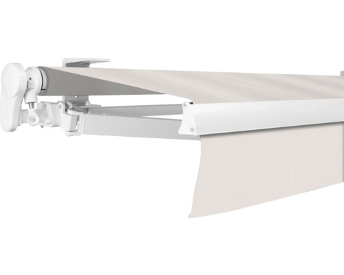 Store banne à bras articulé SOLUNA Proof 4x3,5 tissu dessin 7133 châssis RAL 9010 blanc pur entraînement à gauche avec manivelle Store banne à bras articulé SOLUNA Proof 4x3,5 tissu dessin 7133 châssis RAL 9010 blanc pur entraînement à gauche avec manivelle
