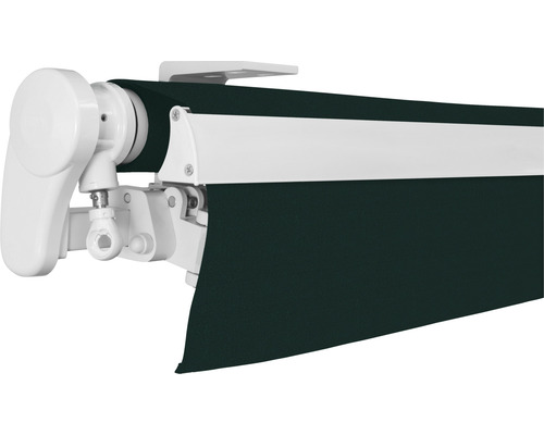 Vue détaillée d''un store de terrasse avec manivelle et toile