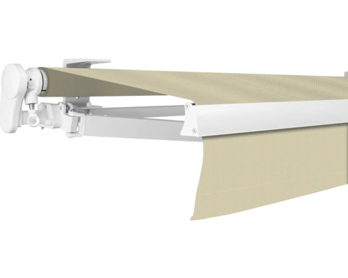 Store banne à bras articulé SOLUNA Proof 5x2,5 tissu dessin 7548 châssis RAL 9010 blanc pur entraînement à gauche avec manivelle Store banne à bras articulé SOLUNA Proof 5x2,5 tissu dessin 7548 châssis RAL 9010 blanc pur entraînement à gauche avec manivelle