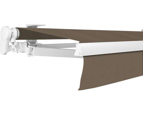 SOLUNA Gelenkarmmarkise Proof 4,5x3,5 Stoff Dessin 7559 Gestell RAL 9010 reinweiss Antrieb links inkl. Kurbel