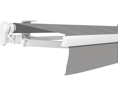 Store banne à bras articulé SOLUNA Proof 5x3,5 tissu dessin 8396 châssis RAL 9010 blanc pur entraînement à gauche avec manivelle Store banne à bras articulé SOLUNA Proof 5x3,5 tissu dessin 8396 châssis RAL 9010 blanc pur entraînement à gauche avec manivelle