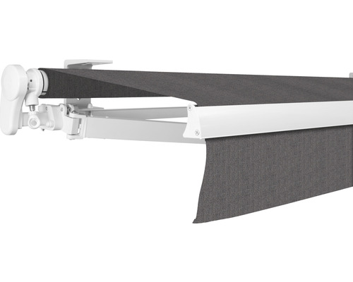 SOLUNA Gelenkarmmarkise Proof 4,5x3,5 Stoff Dessin U104 Gestell RAL 9010 reinweiss Antrieb links inkl. Kurbel