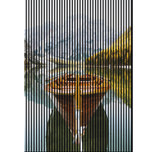 Toile décorative avec motif de bateau devant un paysage de montagne