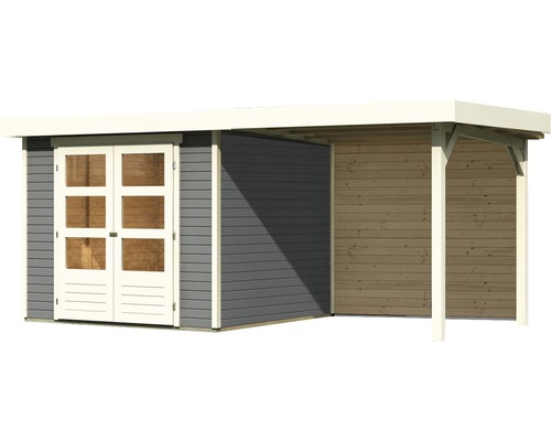 Abri de jardin avec porte double et auvent latéral en bois