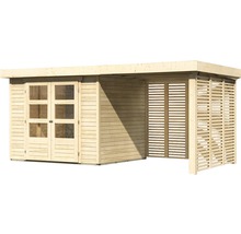 Abri de jardin en bois avec double porte et élément latéral à lamelles