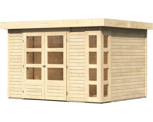 Abri de jardin en bois avec fenêtres et porte double