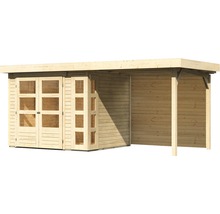 Abri de jardin en bois avec portes fenêtres et auvent