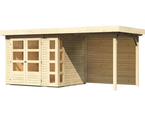 Gartenhaus aus Holz mit Fenstertüren und Überdachung