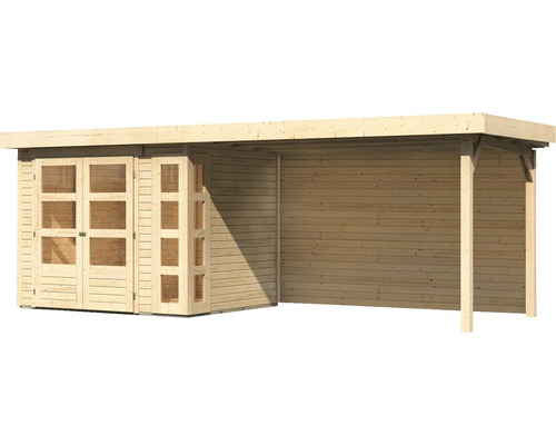 Holzgartenhaus mit Doppeltür und seitlichem Unterstand