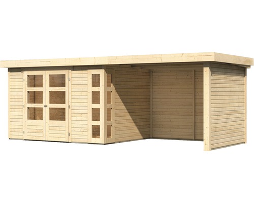 Abri de jardin en bois avec fenêtres et espace couvert