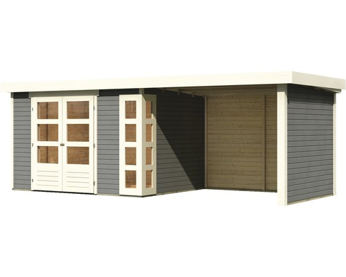 Abri de jardin en bois avec double porte et annexe latérale