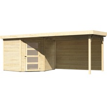 Holzgartenhaus mit Überdachung und Tür mit Fenstereinsätzen