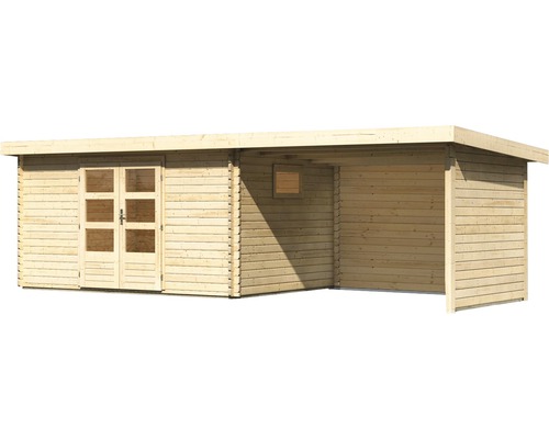 Abri de jardin en bois avec double porte et auvent intégré