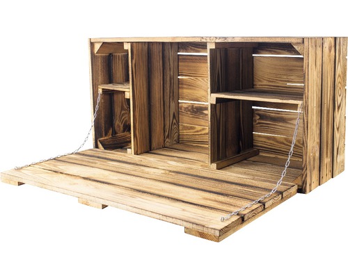 Vintage Hängebar mit Arbeitsplatte geflammt 81x31x41 cm Holzkiste mit Regalen und heruntergeklappter Tür